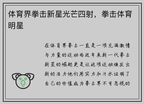 体育界拳击新星光芒四射，拳击体育明星