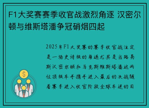 F1大奖赛赛季收官战激烈角逐 汉密尔顿与维斯塔潘争冠硝烟四起